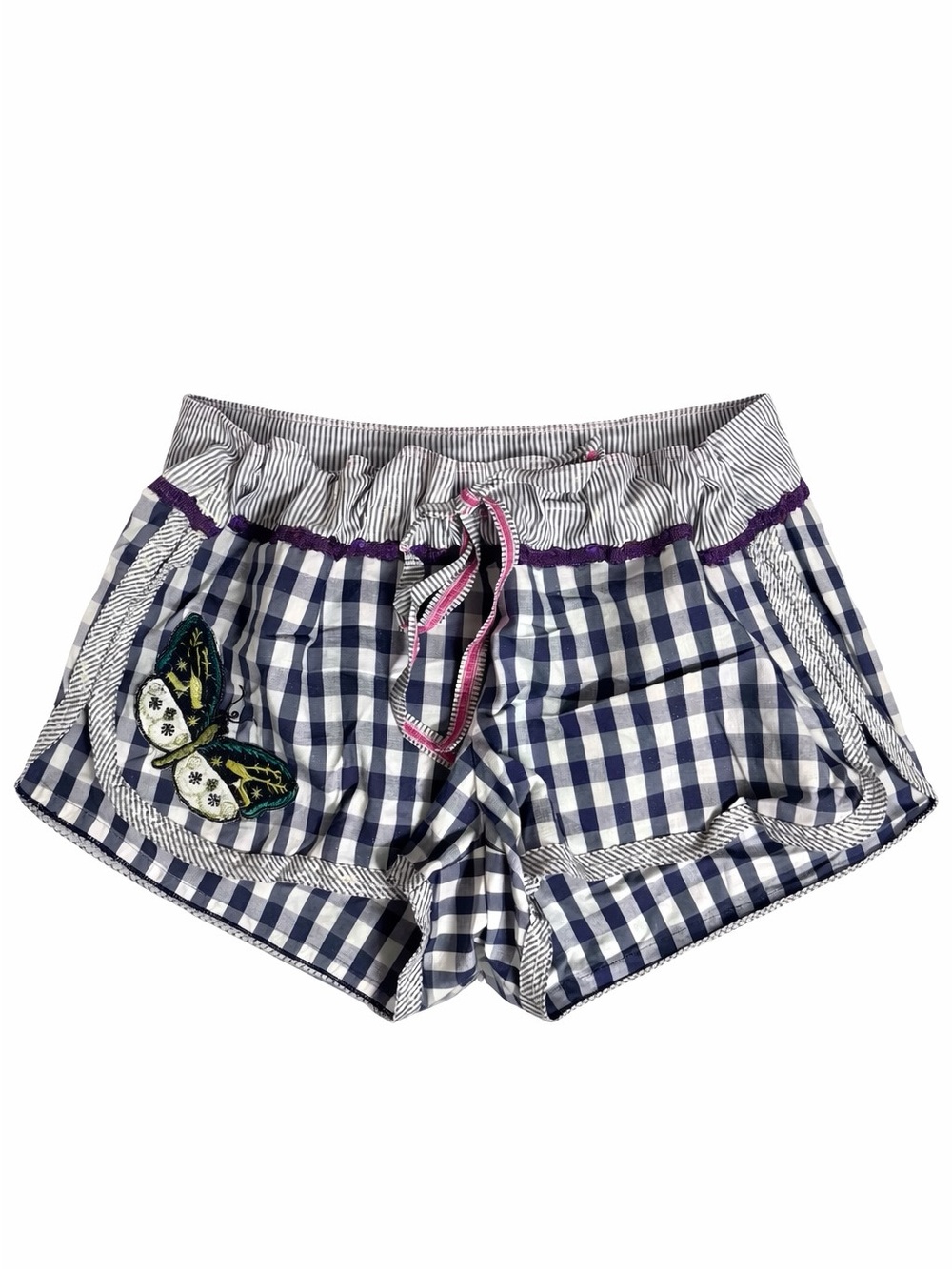 Navy Gingham Butterfly Embroidered Women’s Shorts